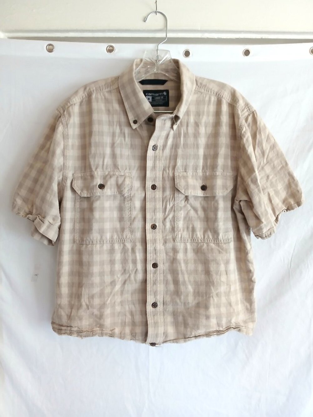 Carhartt Beige Check Loose Fit Button-Down Shirt Top M Upcycled Cropped Workwear